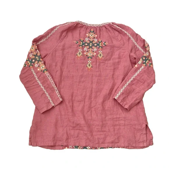 Johnny Was Chandra Pink Linen Peasant Top Blouse XS Embroidered Boho Cottage - Picture 6 of 13